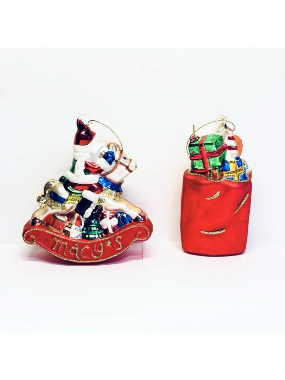 Macy's Lot of 2 Glass Ornaments Elf Rocking Horse Bag of Gifts